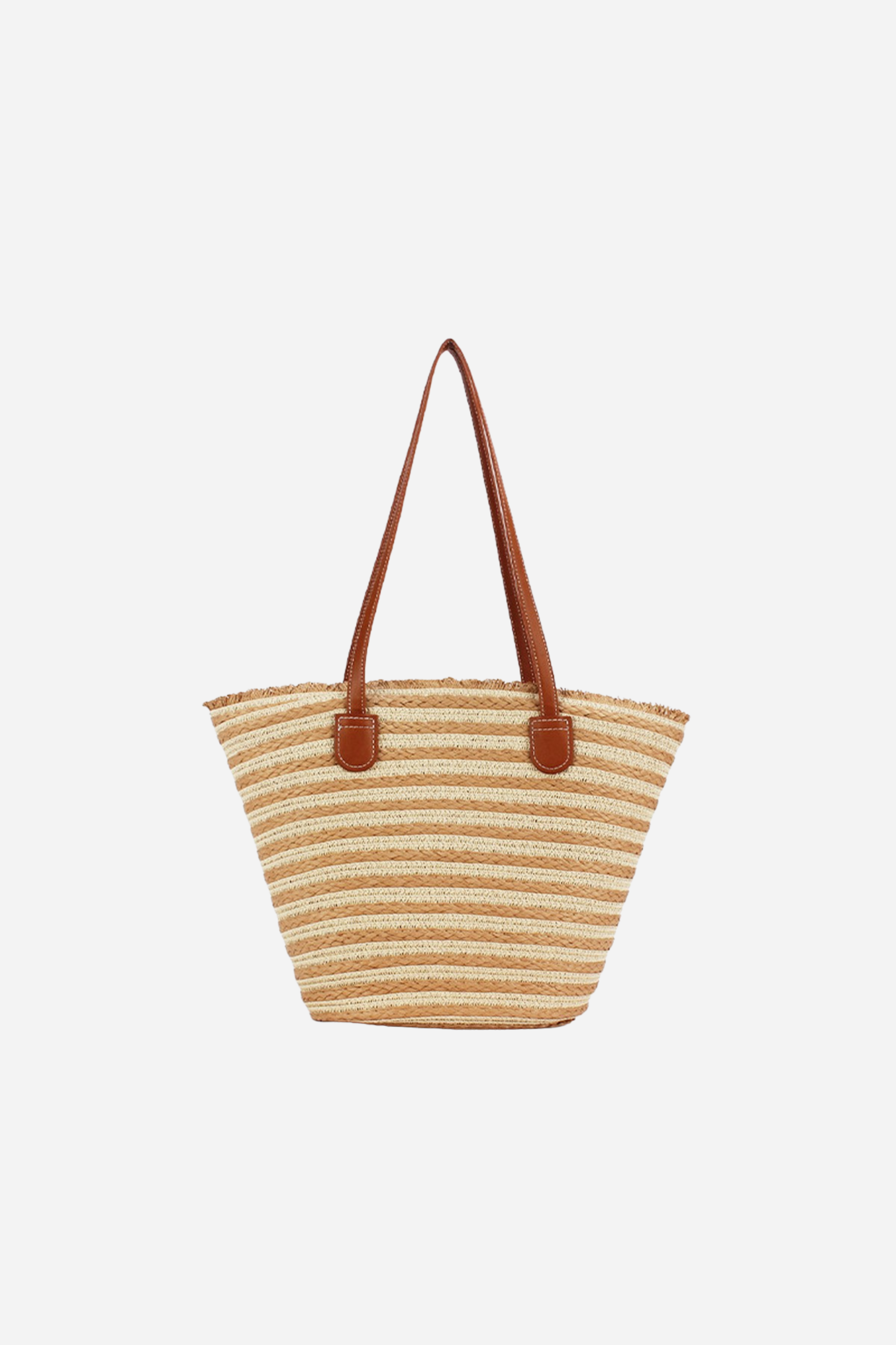 Straw Beach Bag - Beige Brown Striped