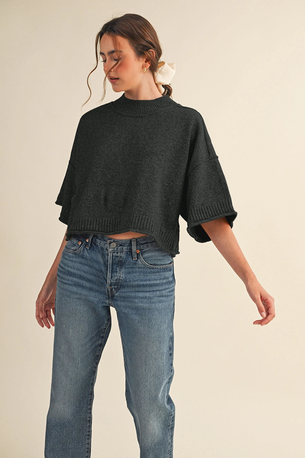 Cropped Knit Short Sleeve Sweater - Black