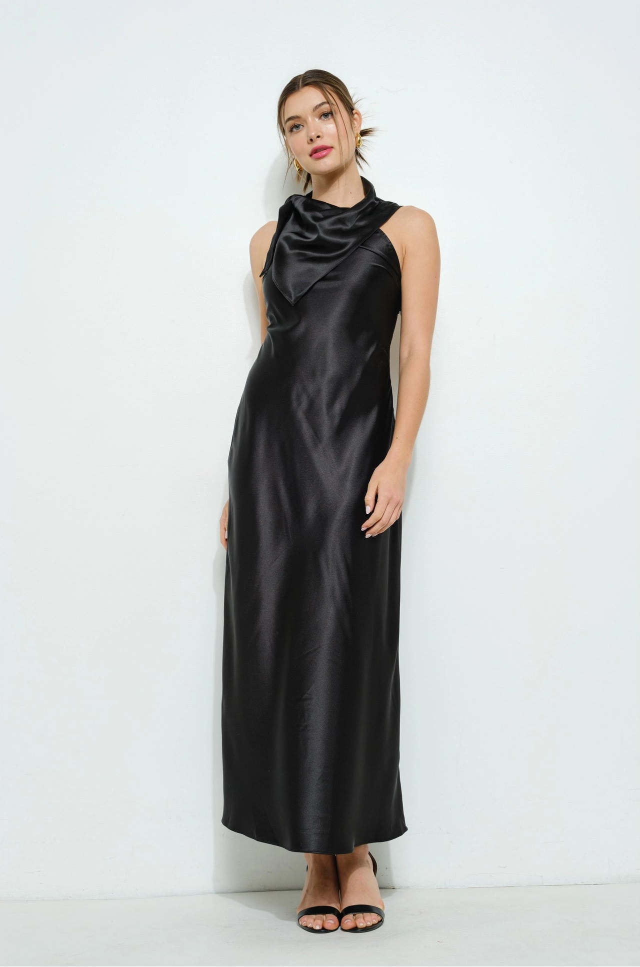 Satin Cowl Halter Neck Maxi Dress - Black