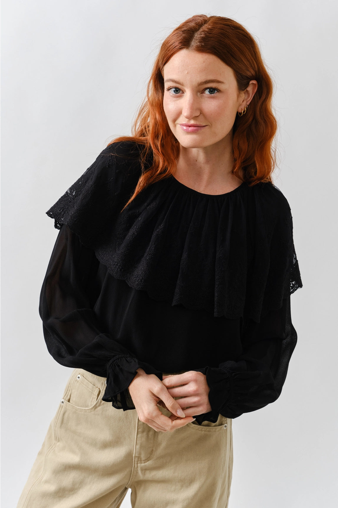 Lace Cape Blouse Top - Black