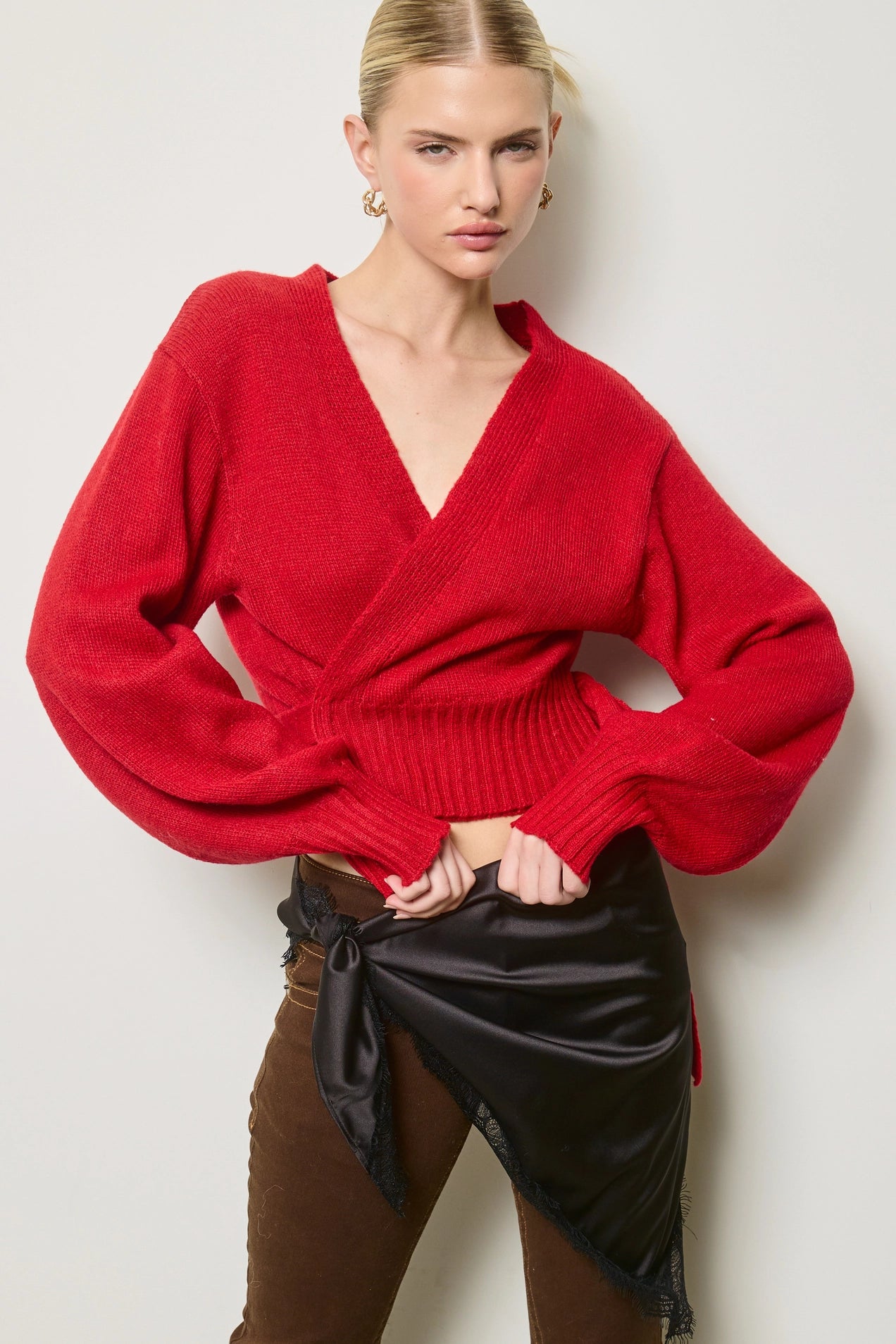 Wrap Tie Knit Sweater - Red