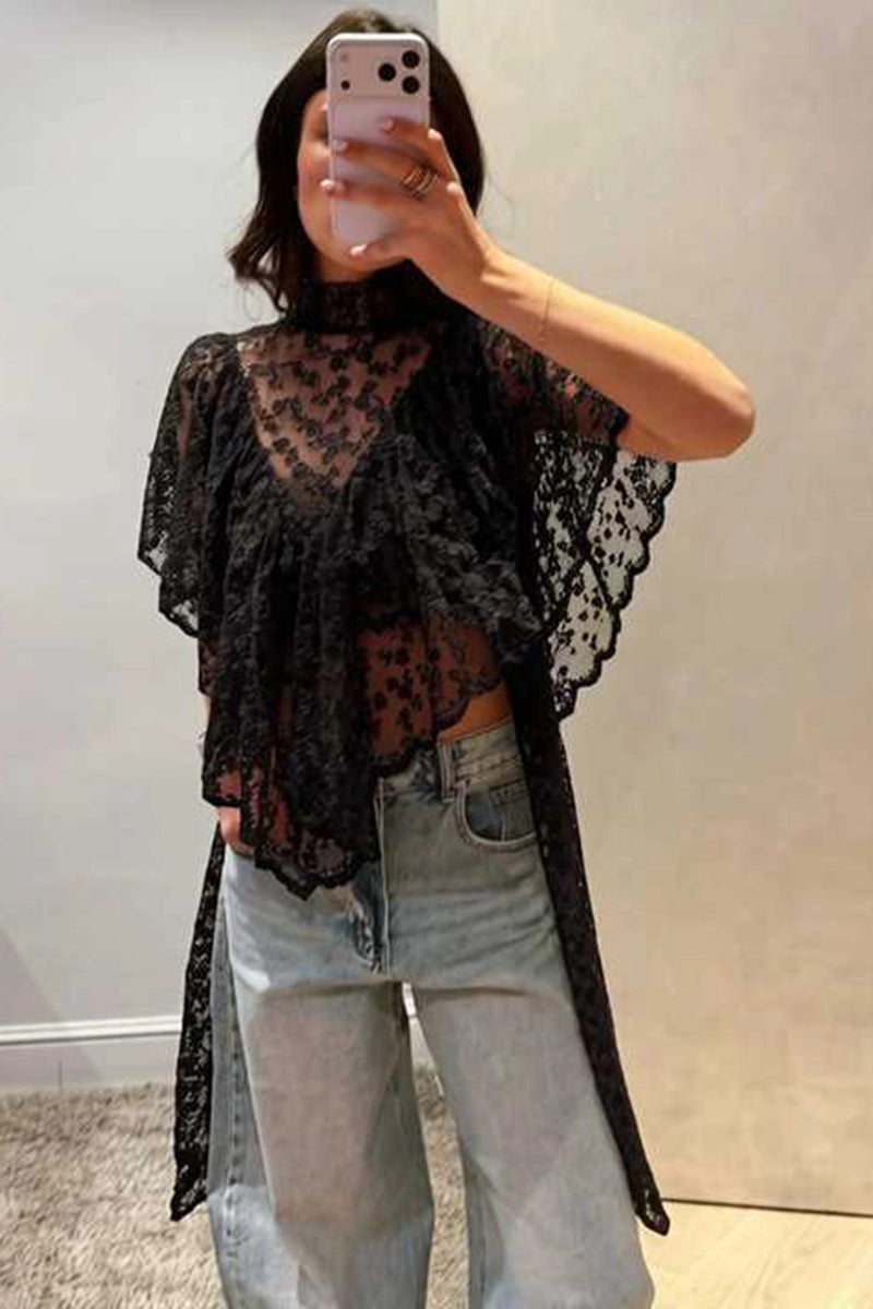 Floral Lace Ruffled Blouse - Black