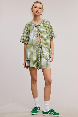 Gingham Ribbon Tie Shorts Set - Green