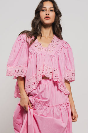 Flowing Hollow Laced Blouse - Pink