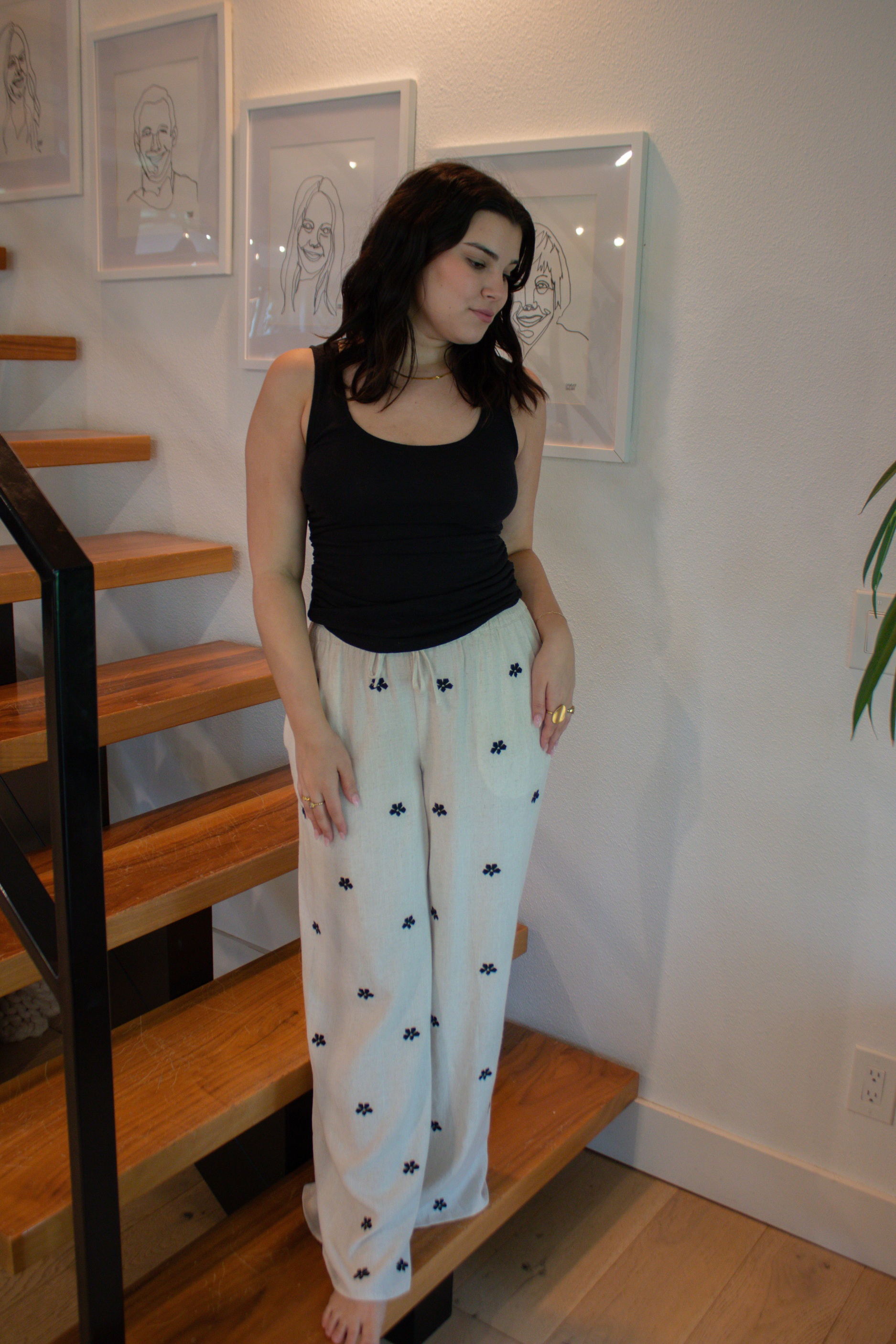 Embroidered Wide Leg Linen Pants
