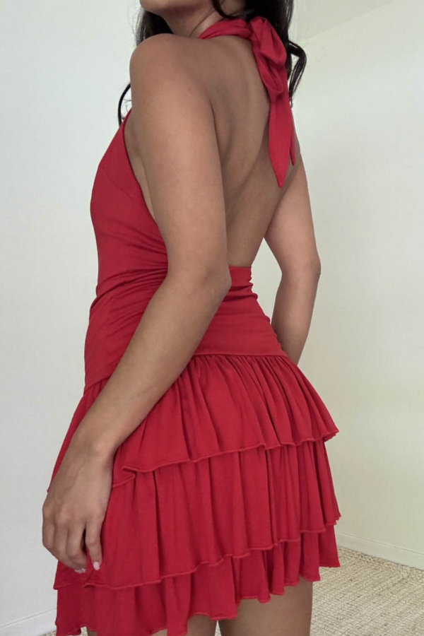 Halter Neck Tiered Ruffle Mini Dress - Red