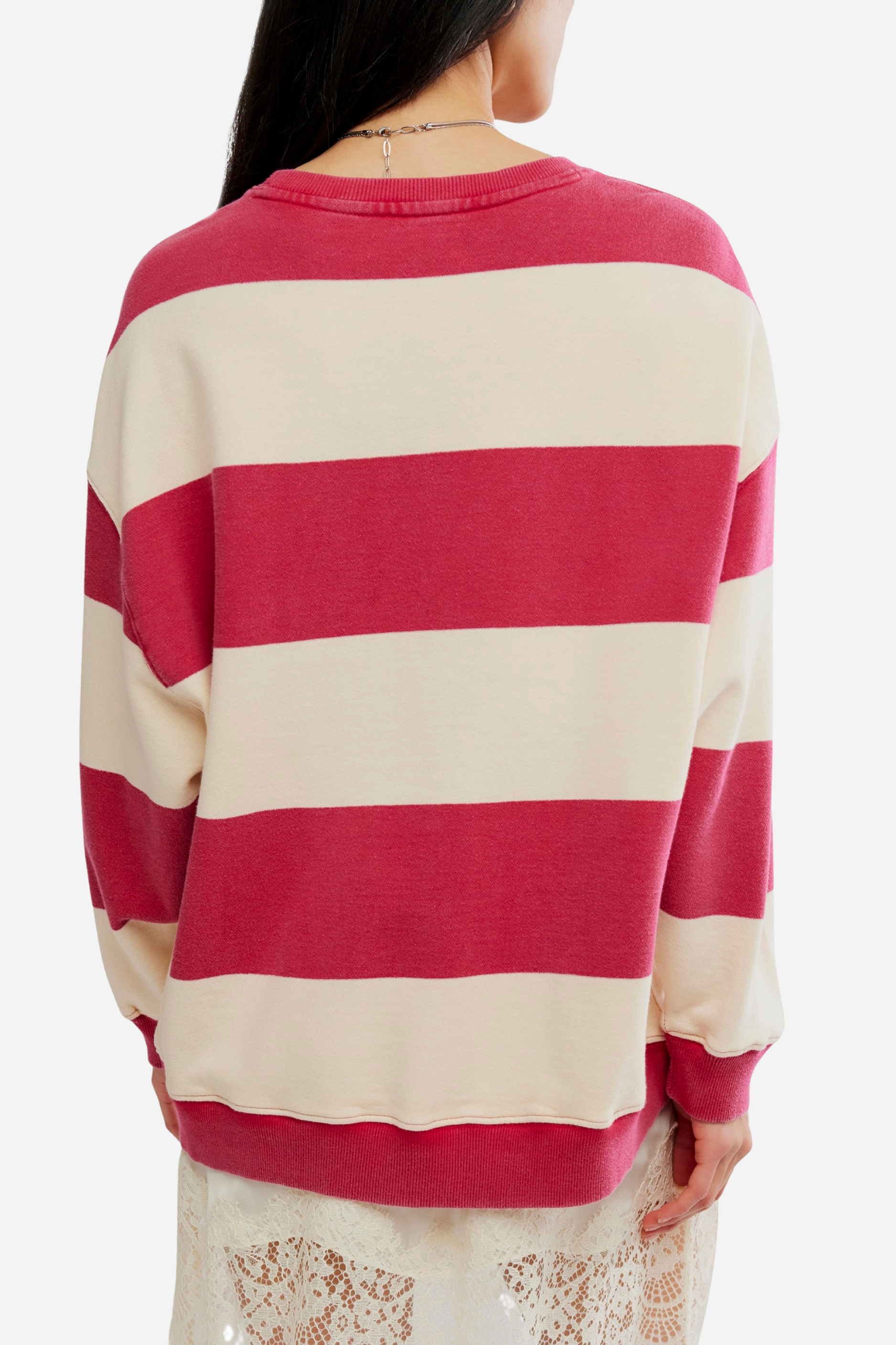 Free People - Classic Striped Oversized Crewneck - Cherry Combo