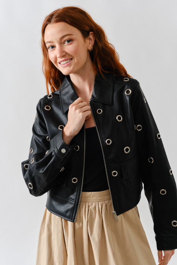Grommet Faux Leather Jacket - Black