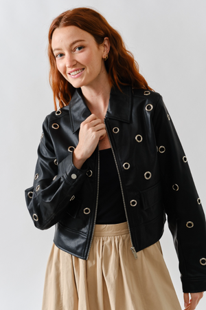 Grommet Faux Leather Jacket - Black