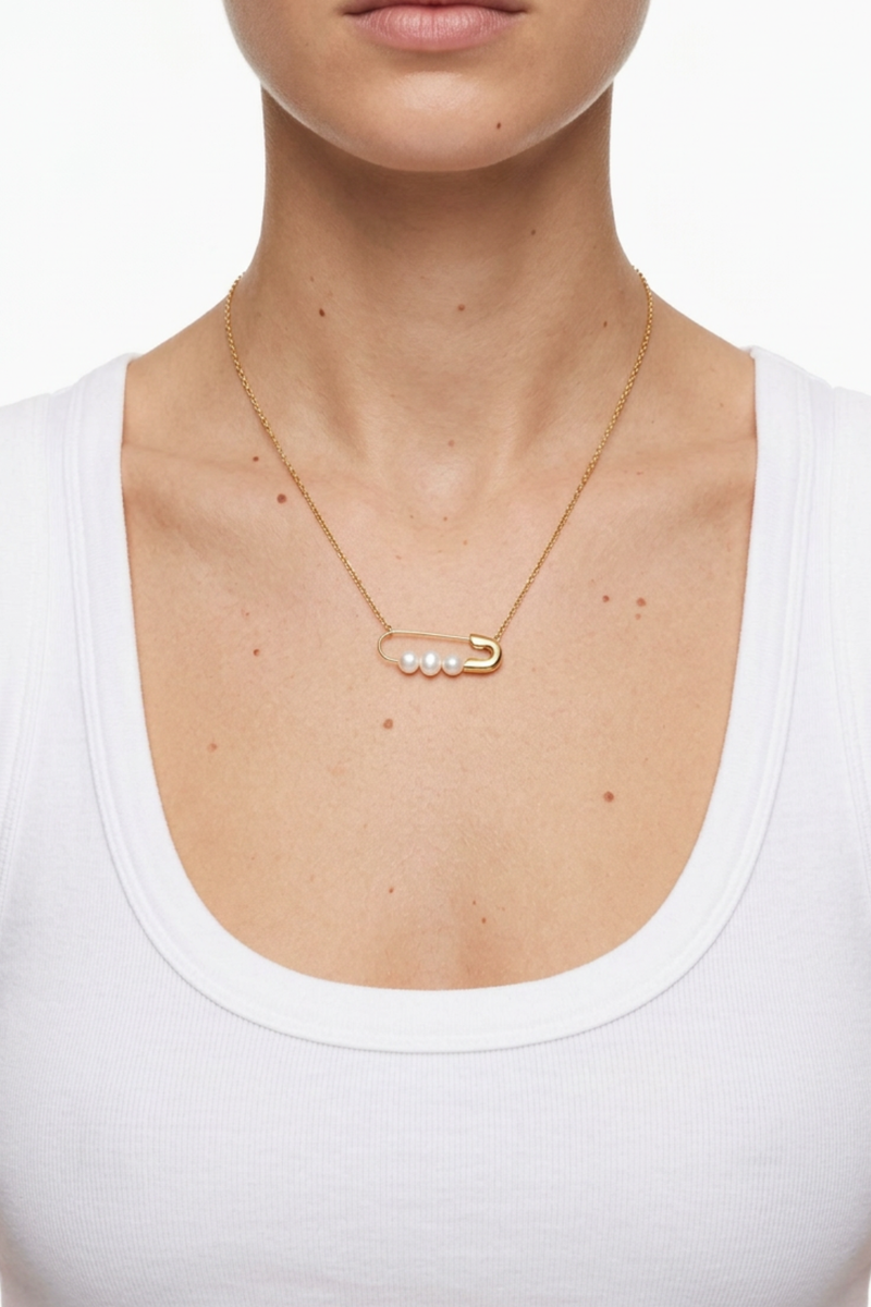 18K Pearl Safety Pin Necklace