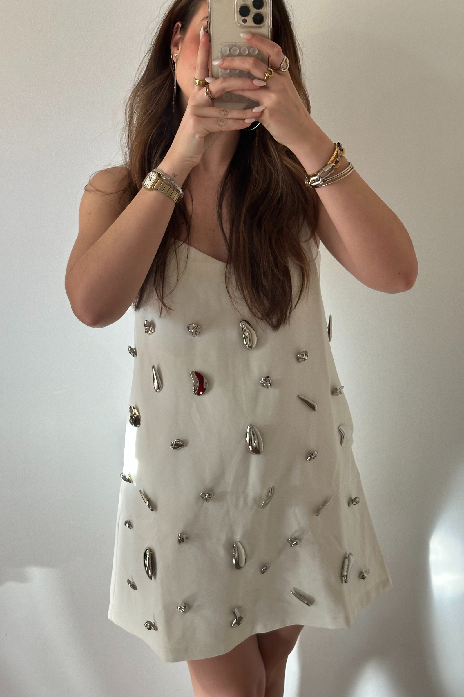 Metallic Embellished Mini Dress - White