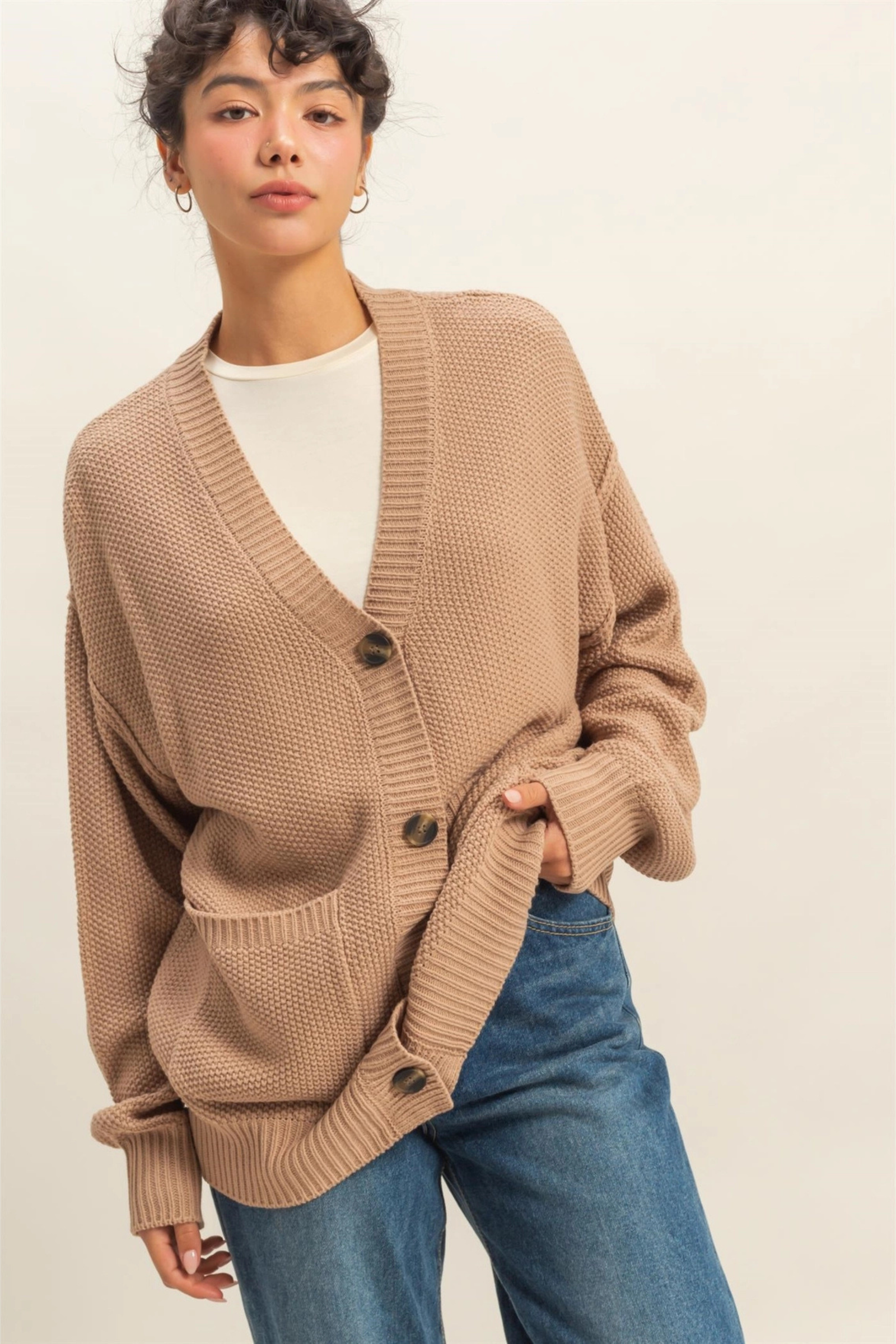 Button-Front Oversized Cardigan - Dark Taupe