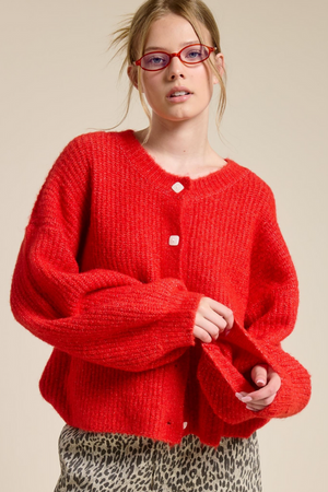 Balloon Sleeve Knit Cardigan - Scarlet