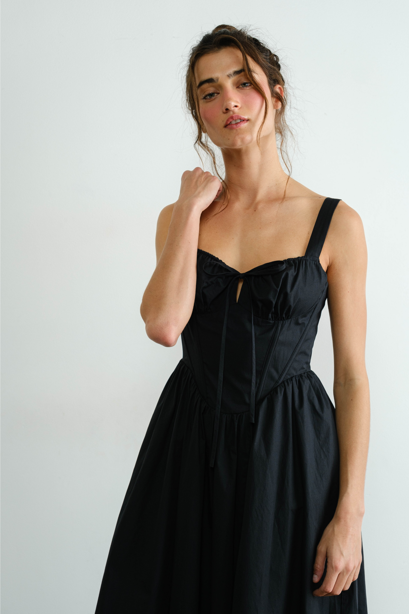 Poplin Ribbon Tie Maxi Dress - Black