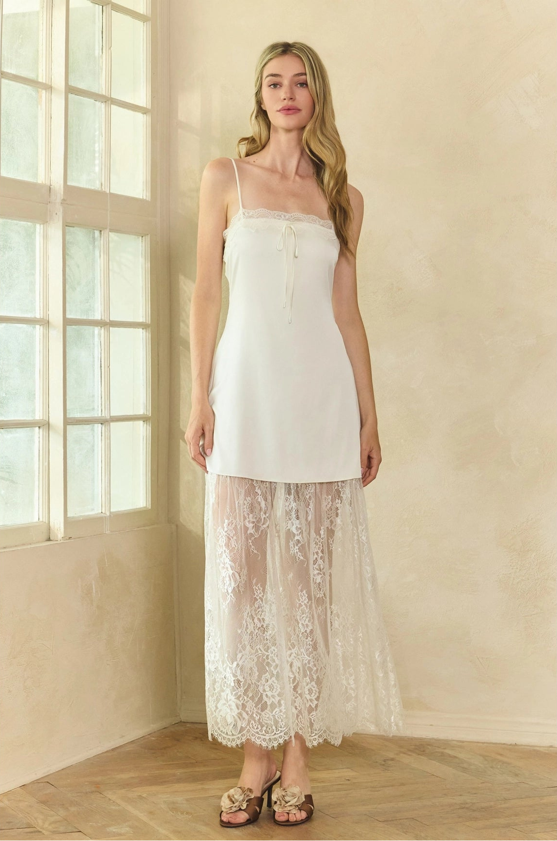 Lace Trim Satin Maxi Slip Dress - White