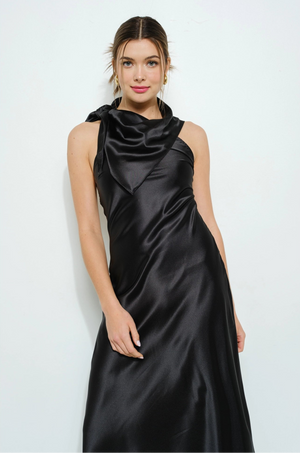 Satin Cowl Halter Neck Maxi Dress - Black