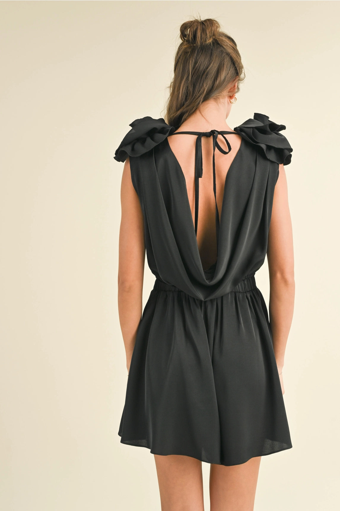 Rosette Cowl Neck Romper - Black
