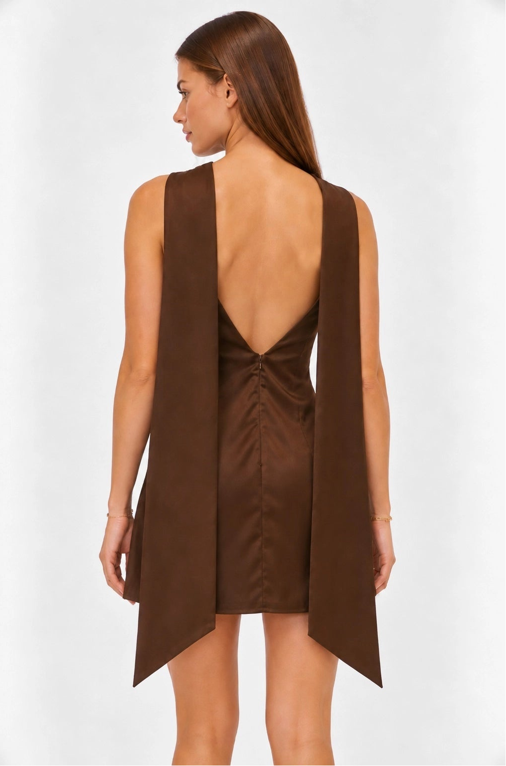 Satin Draped Scarf Mini Dress - Brown
