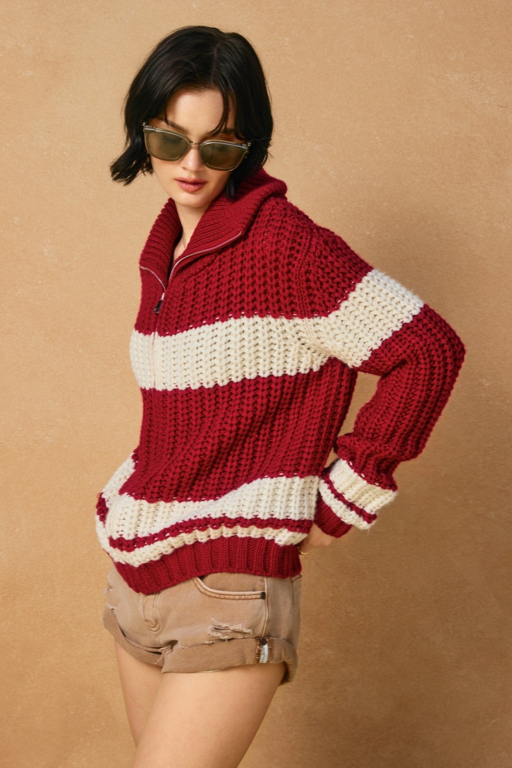 Striped Sweater Jacket - Red