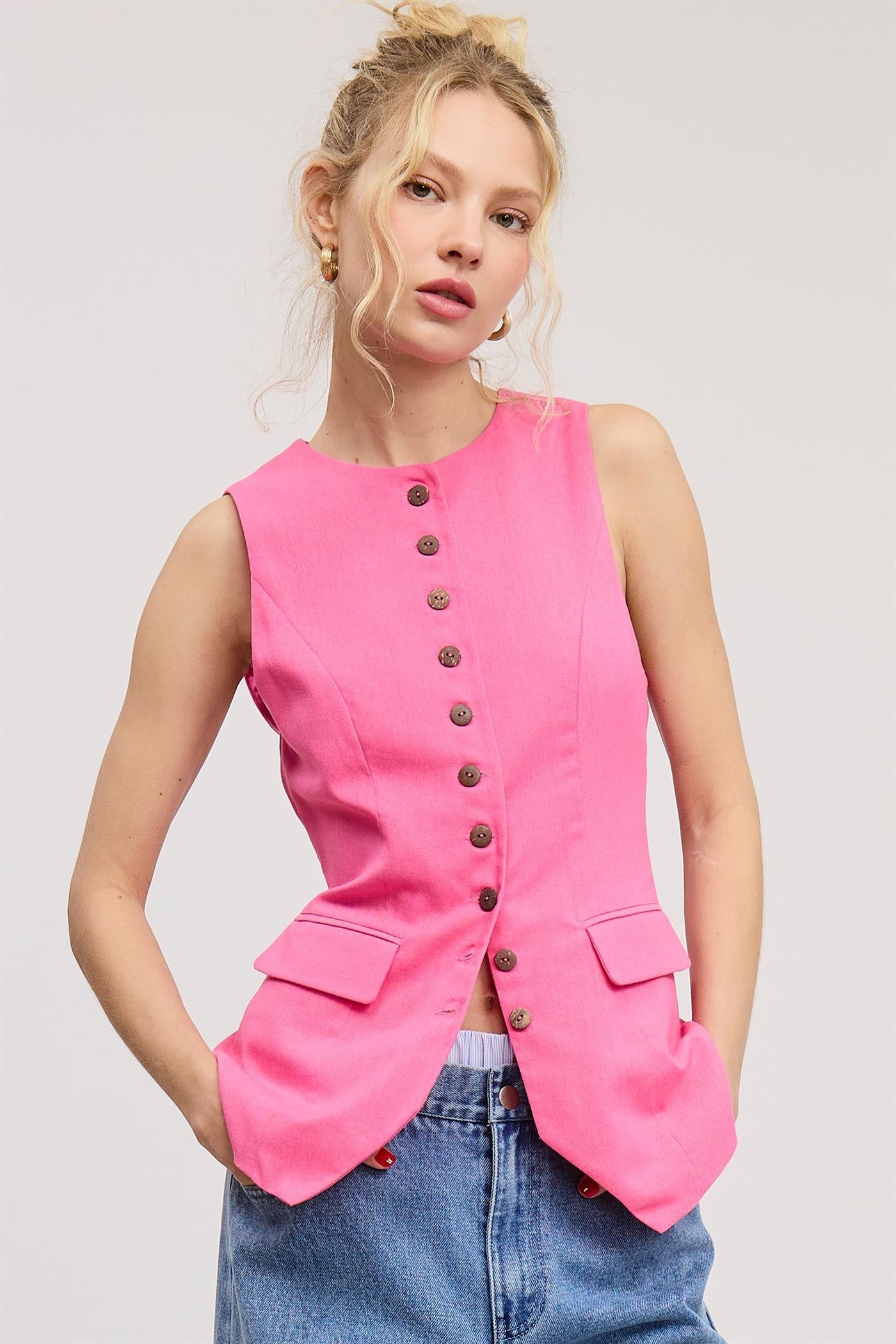 Tailored Long Line Vest - Pink