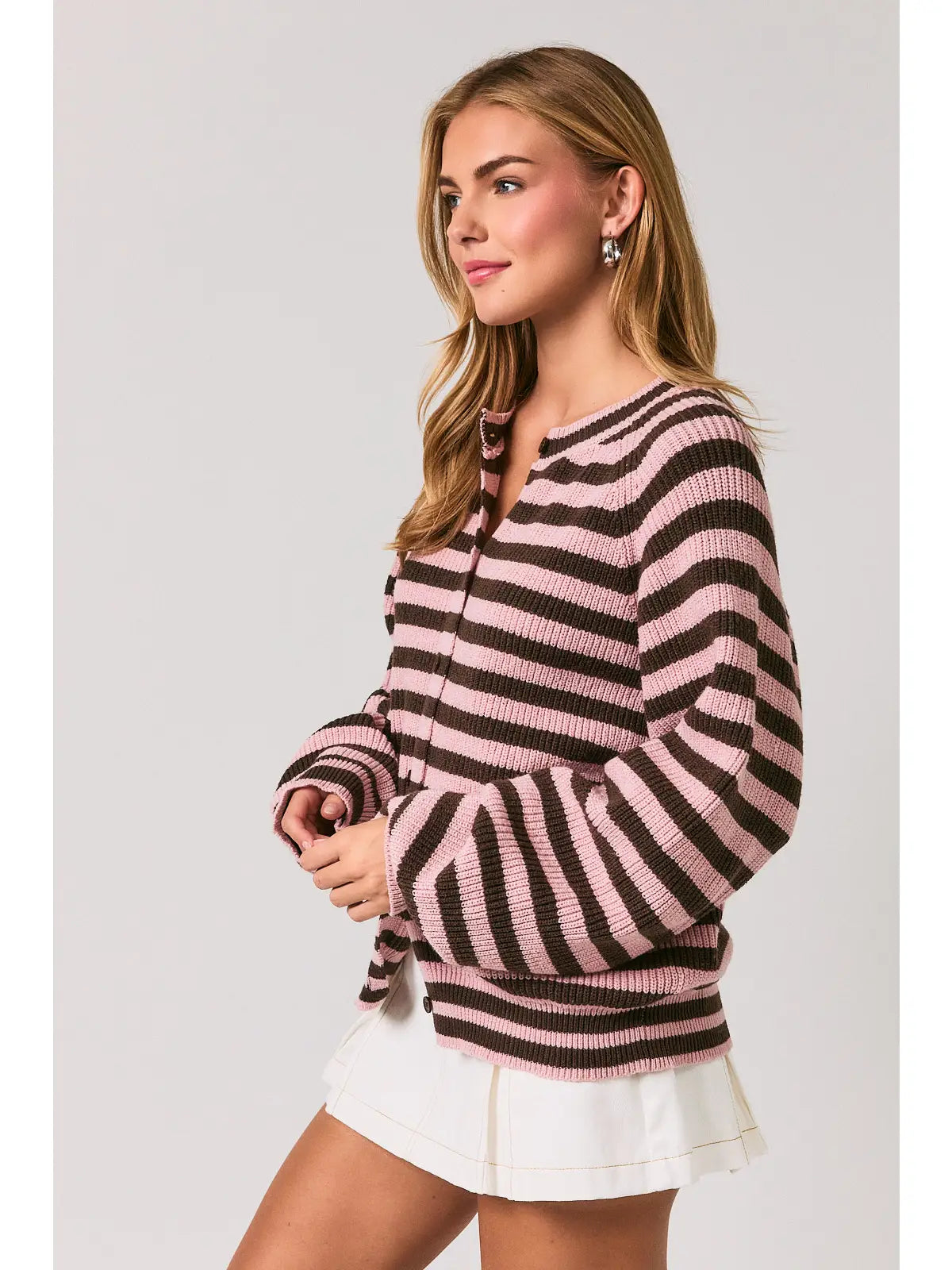 Striped Knit Cardigan - Blush Brown
