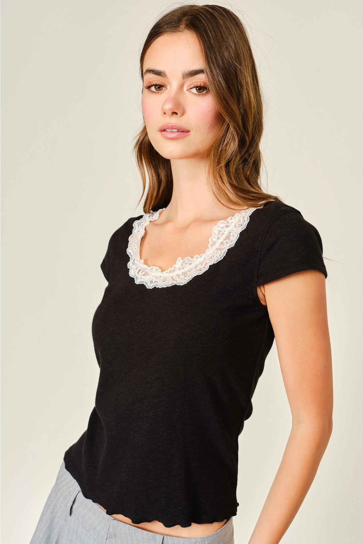 Lace Trim Short Sleeve Top