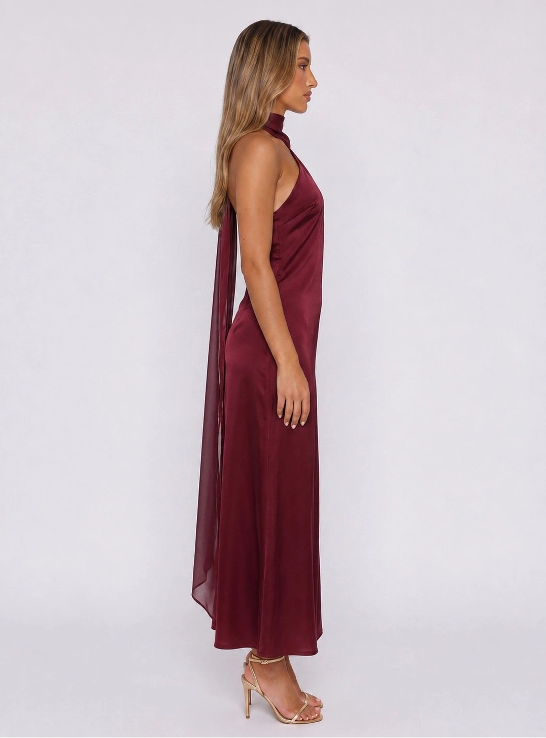 Satin Halterneck Maxi Dress - Wine