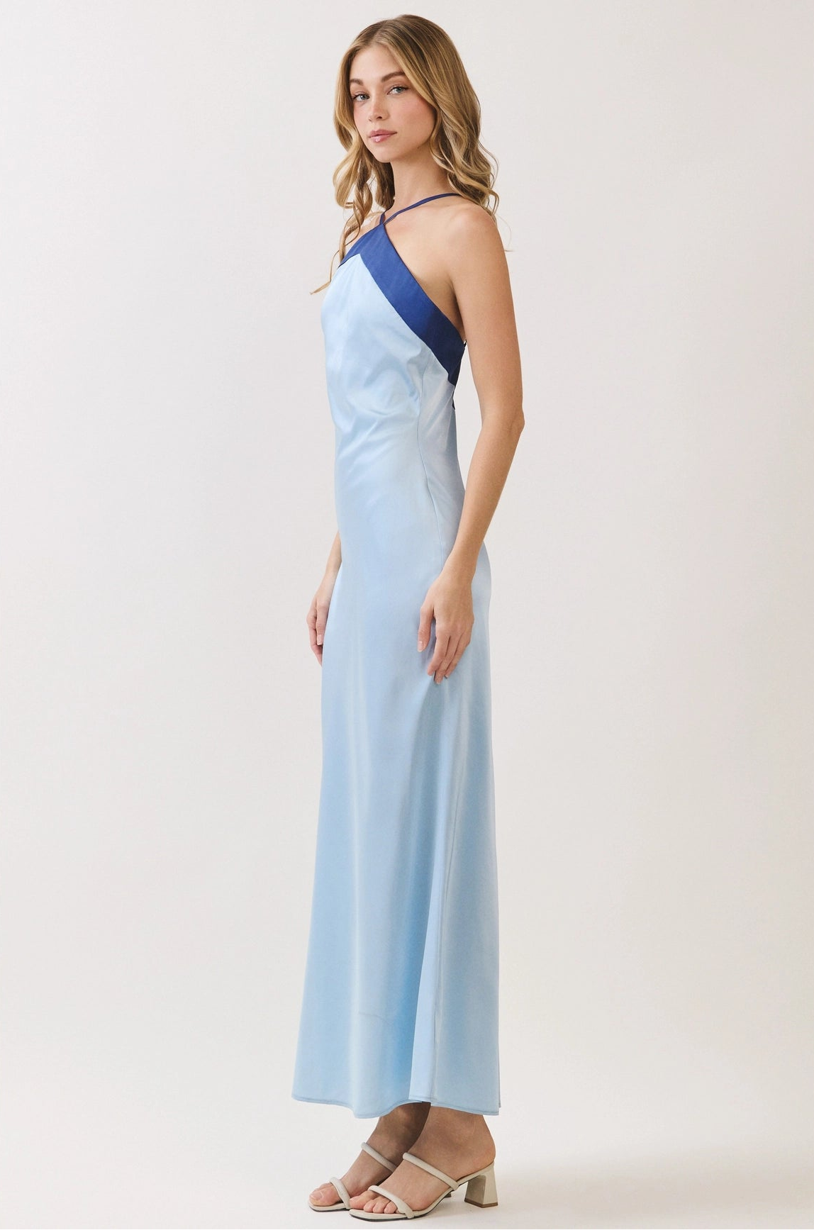 Colorblock Satin Halter Maxi Dress - Blue