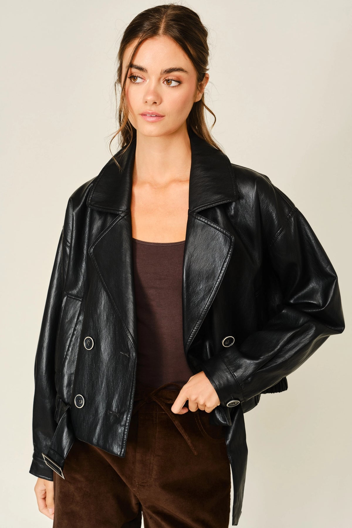 Cropped Leather Trench Coat