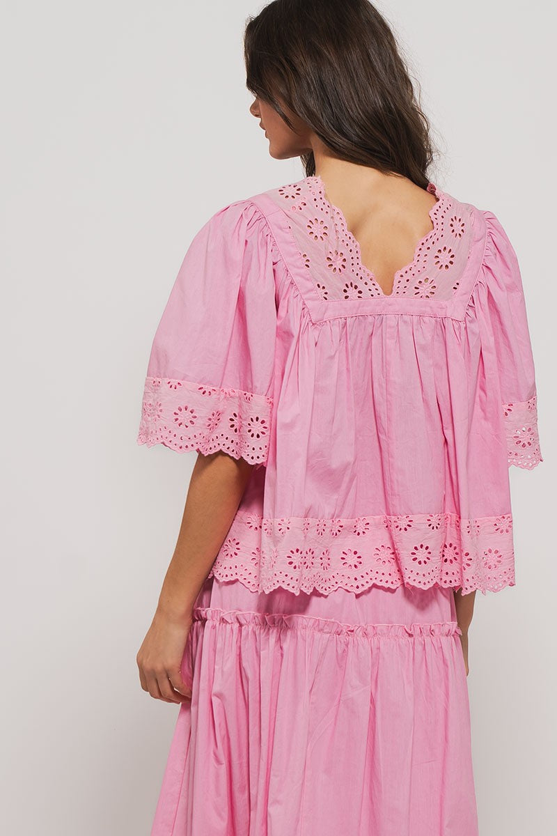 Flowing Hollow Laced Blouse - Pink
