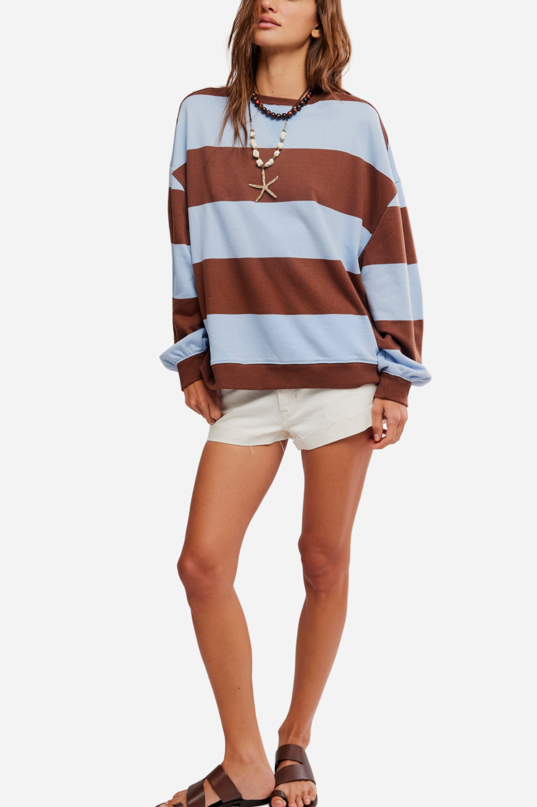 Free People - Classic Striped Oversized Crewneck - Periwinkle Combo
