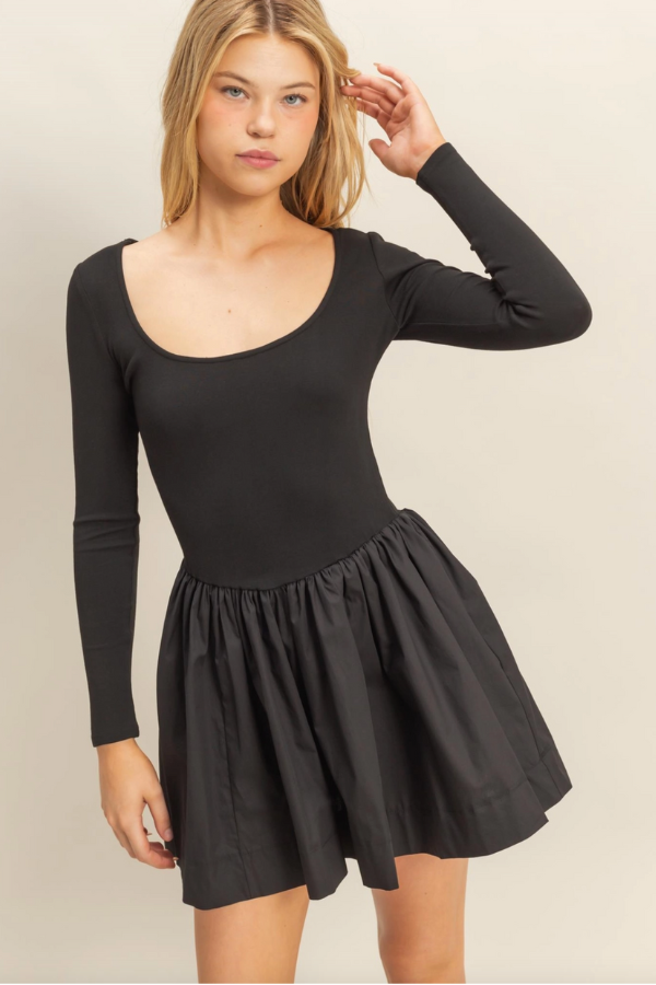 Mixed Media Scoop Neck Mini Dress - Black