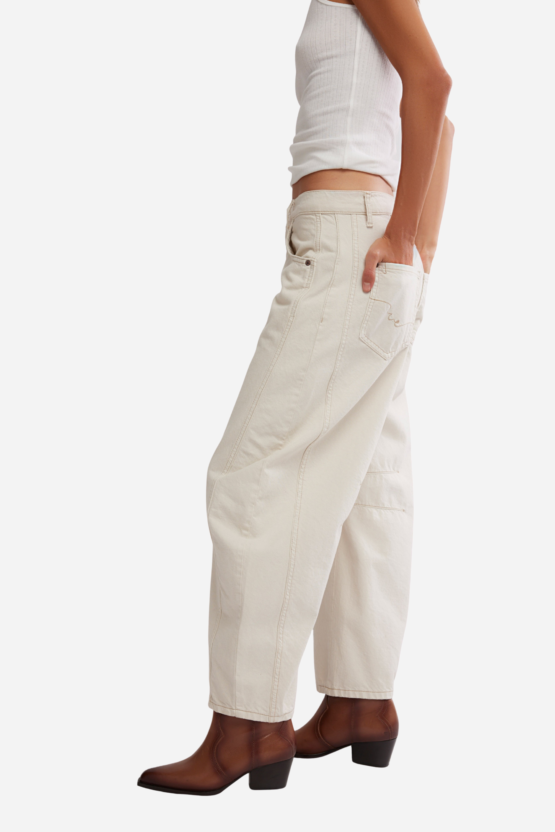 Free People Good Luck Mid Rise Barrel Jeans - Milk