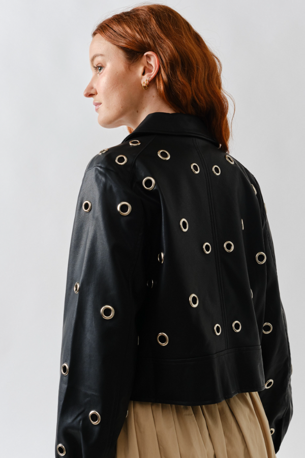 Grommet Faux Leather Jacket - Black