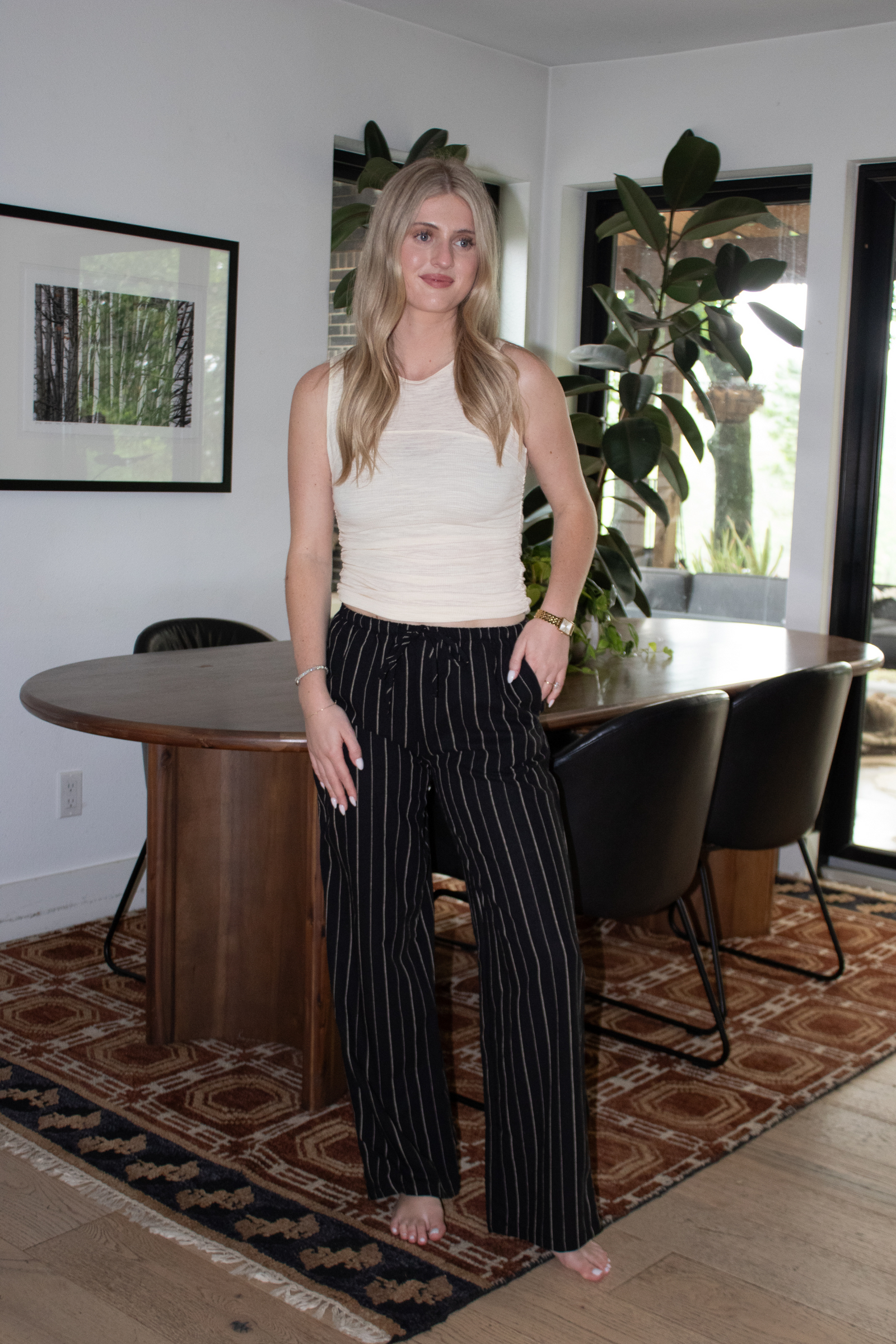 Striped Linen Wide Leg Pants - Black