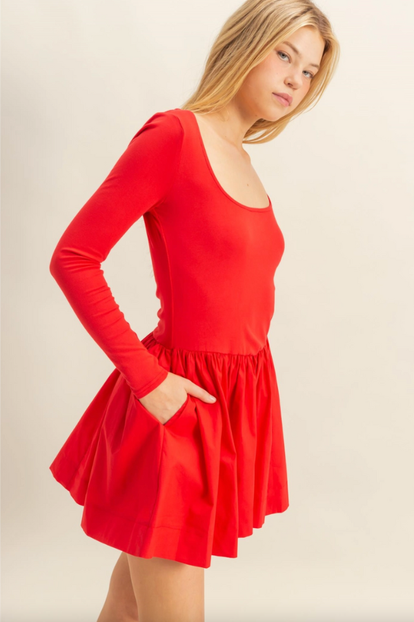 Mixed Media Scoop Neck Mini Dress - Red