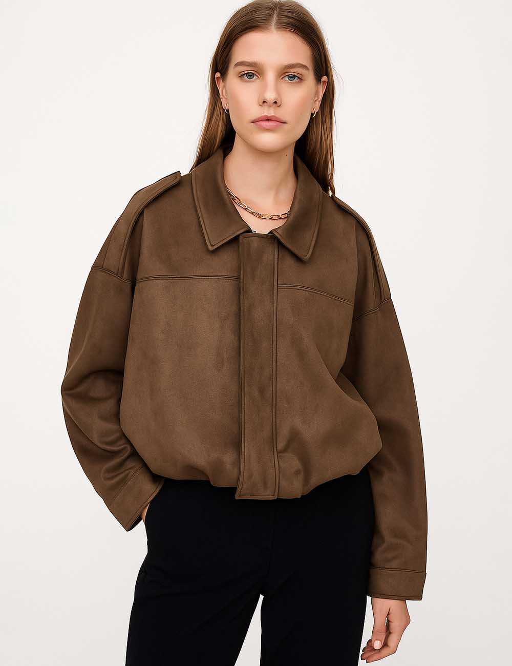 Faux Suede Bomber Jacket - Mocha