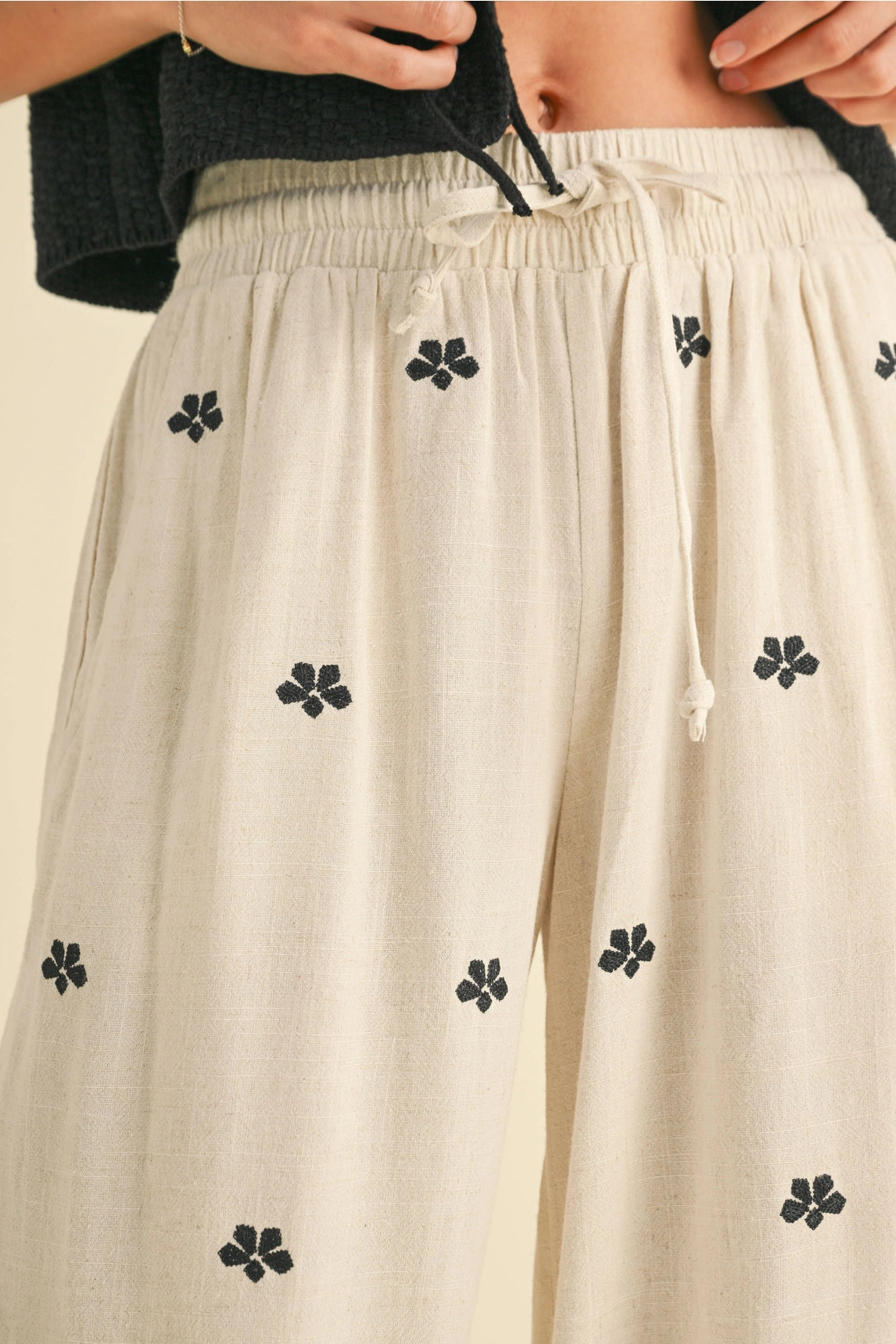 Embroidered Wide Leg Linen Pants