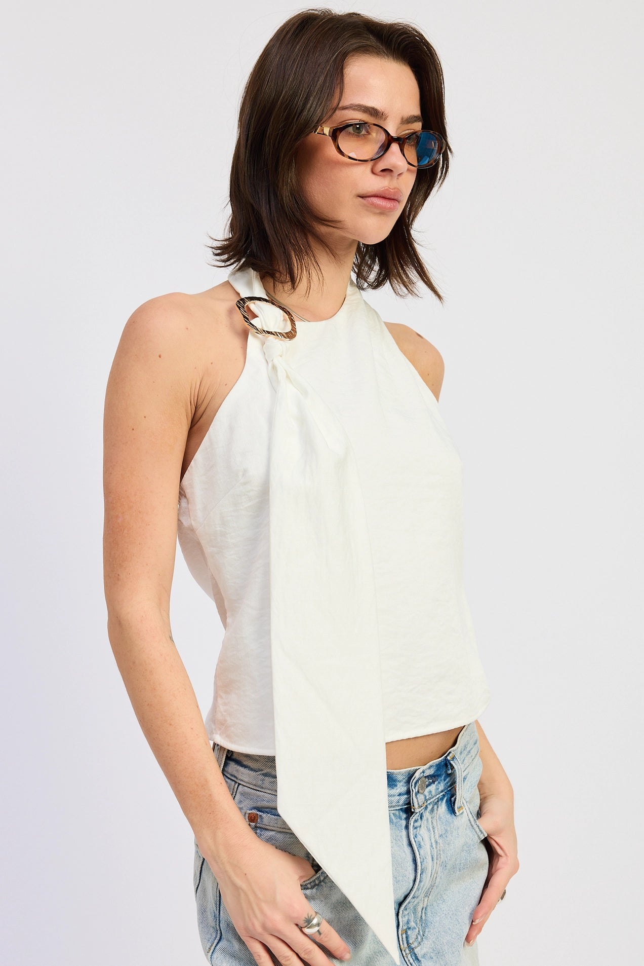 One Shoulder Scarf Top - White