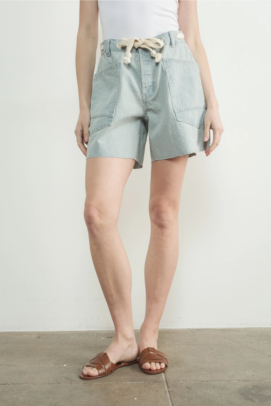 Vintage Washed Barrel Denim Shorts - Stripe