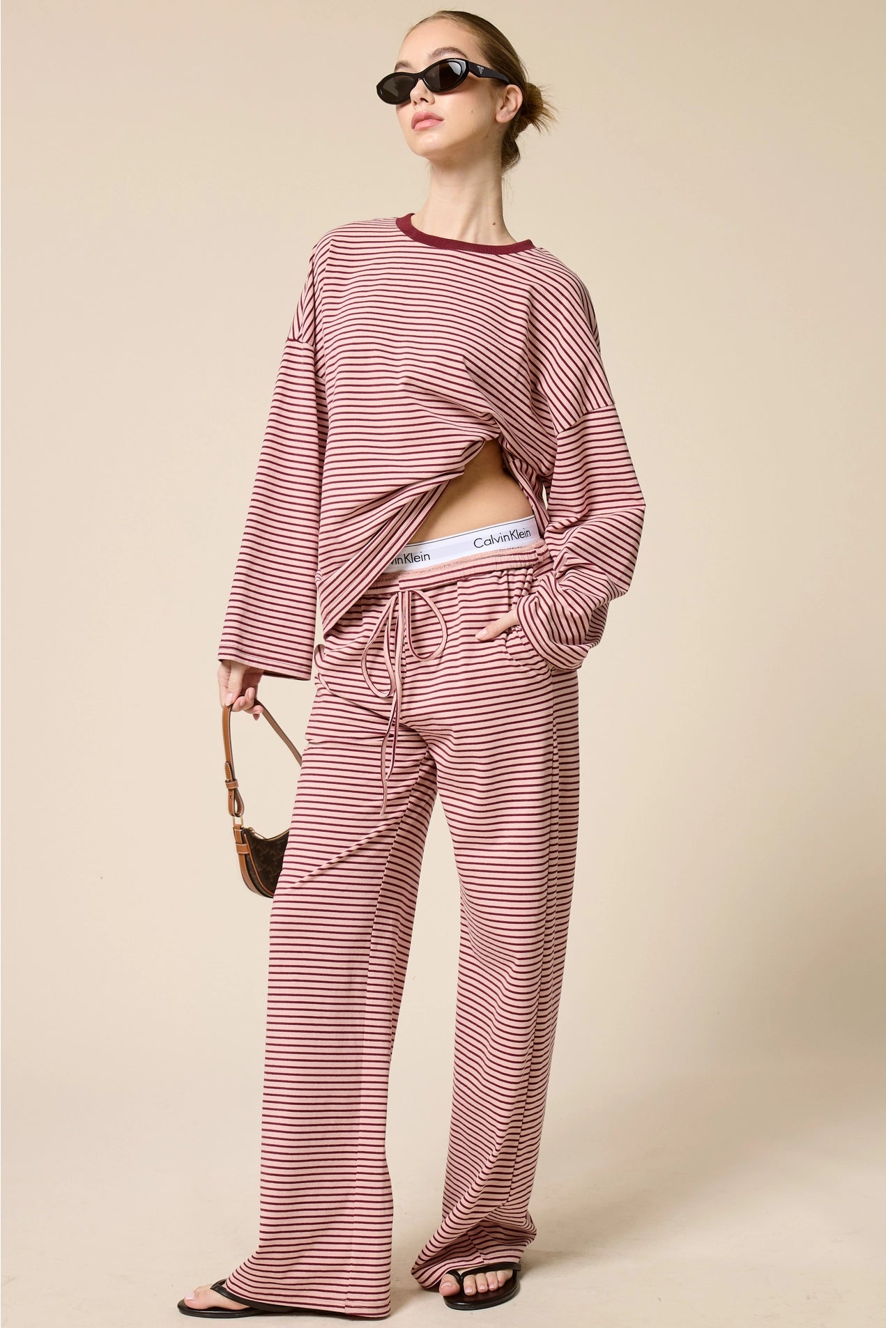Striped Drawstring Wide Leg Pants - Berry