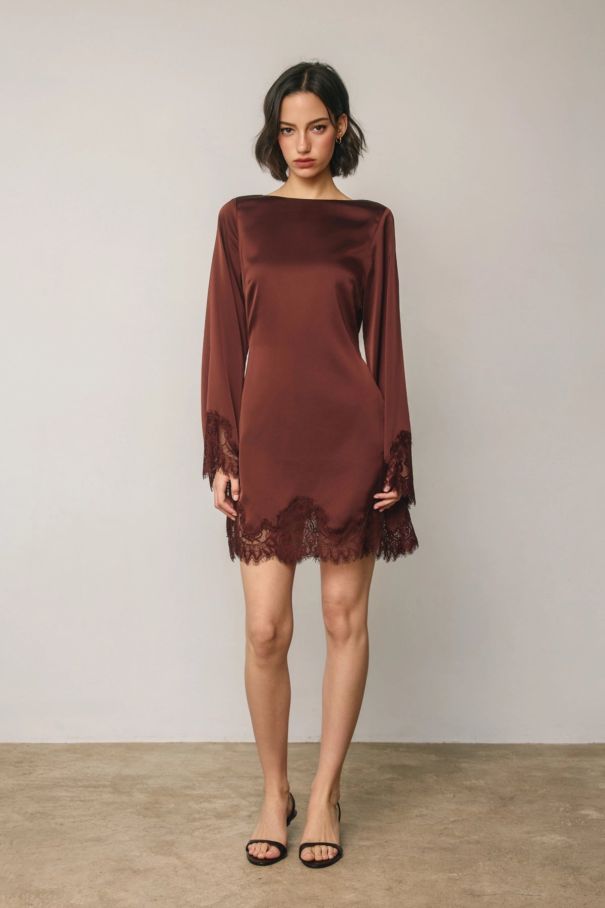 Satin Lace Mini Dress - Rum Raisin