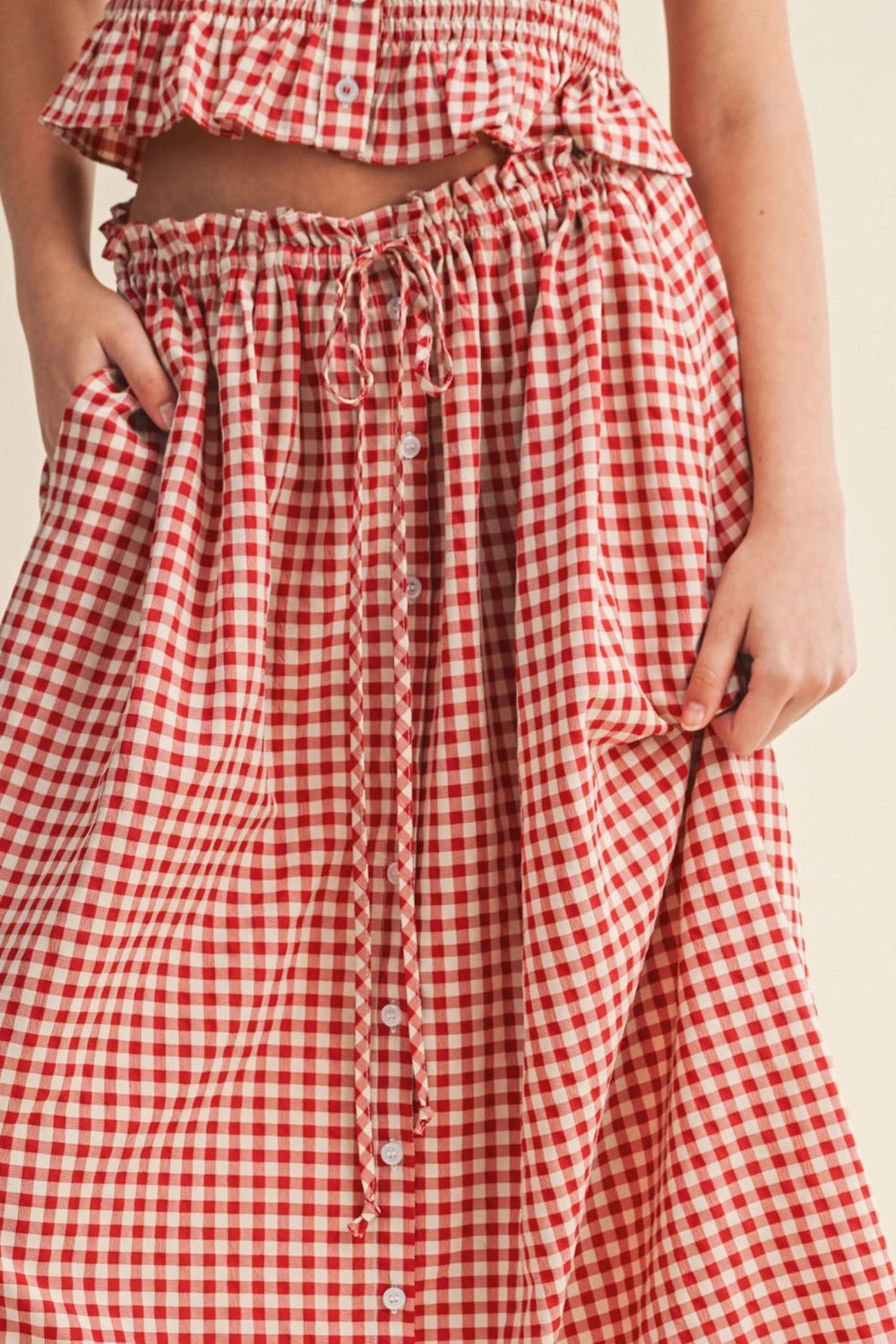 Gingham Button Down Maxi Skirt - Red