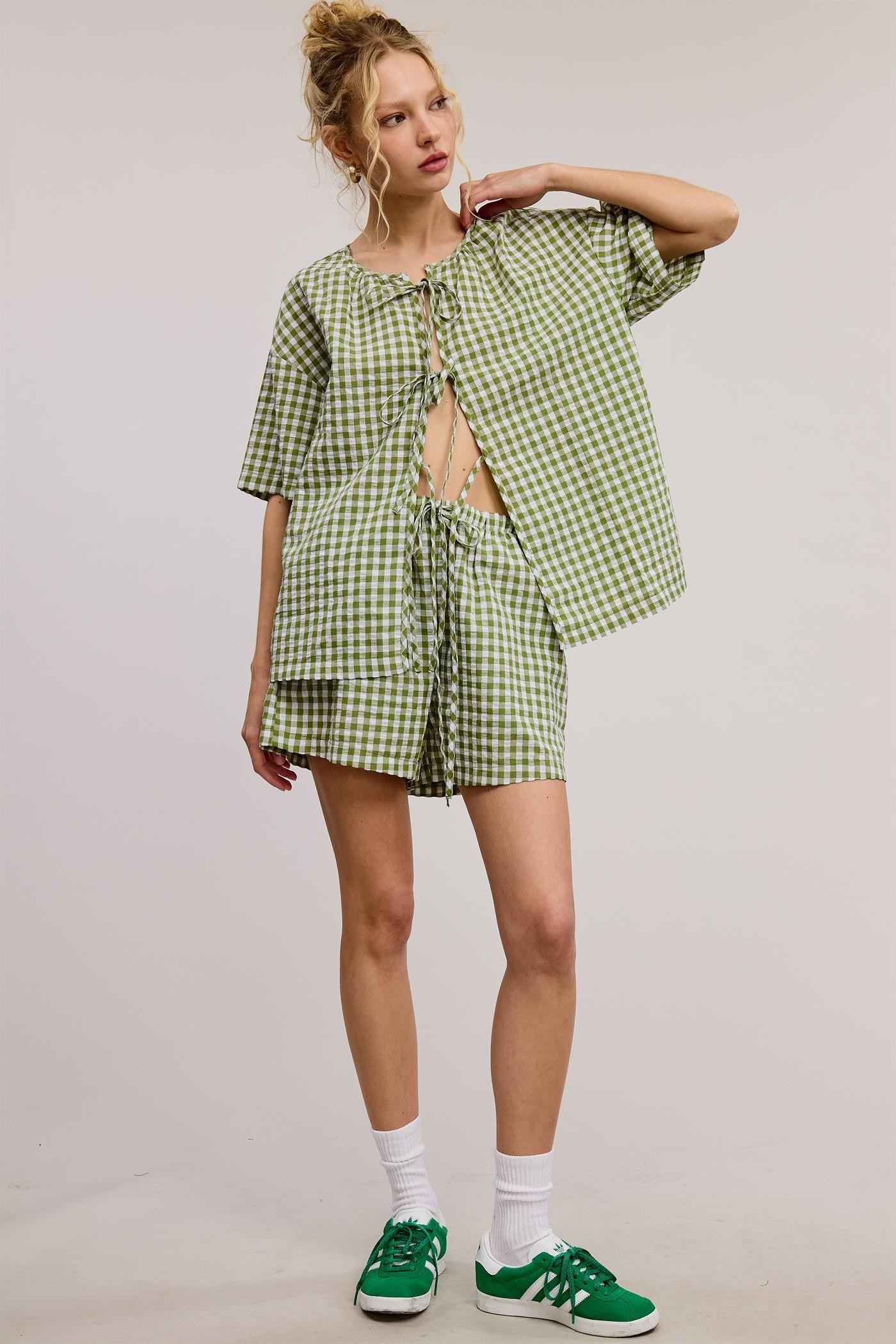 Gingham Ribbon Tie Shorts Set - Green