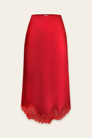 Satin Lace Midi Skirt - Red