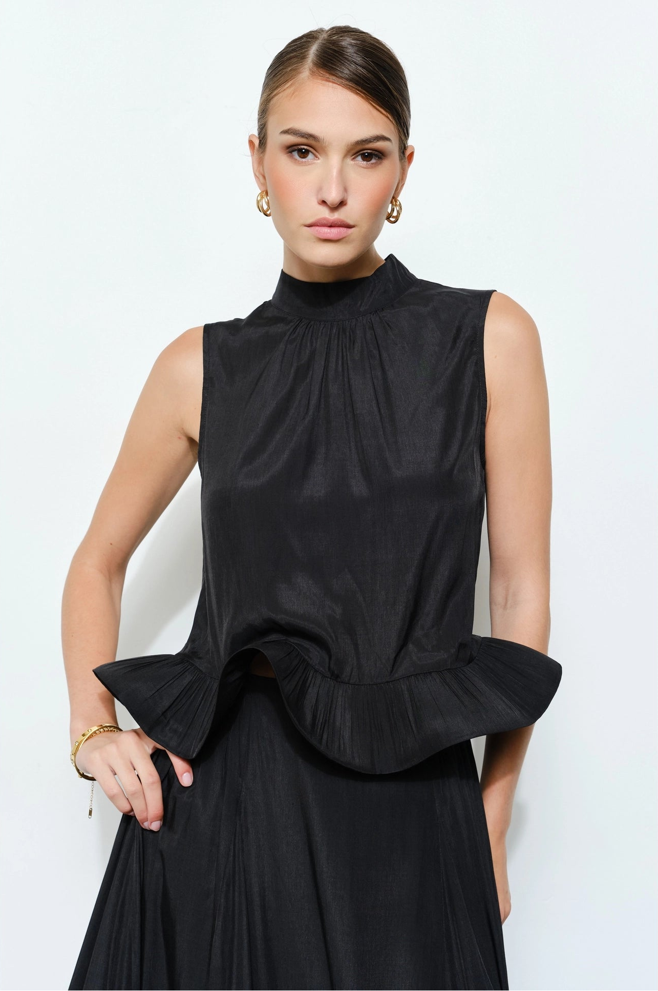 Ruffled Peplum High Neck Top - Black