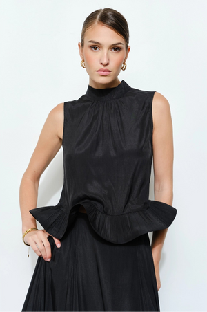 Ruffled Peplum High Neck Top - Black