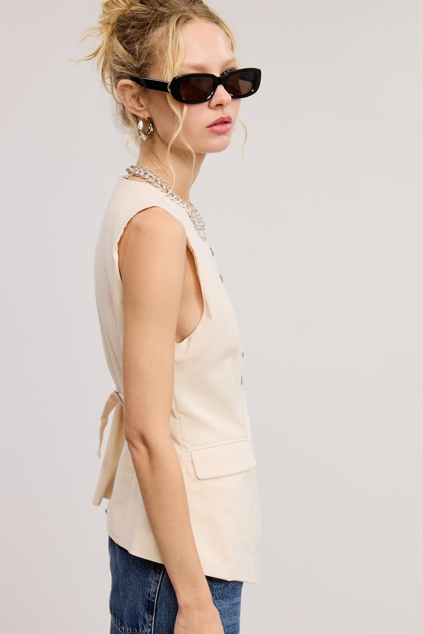 Tailored Long Line Vest - Natural