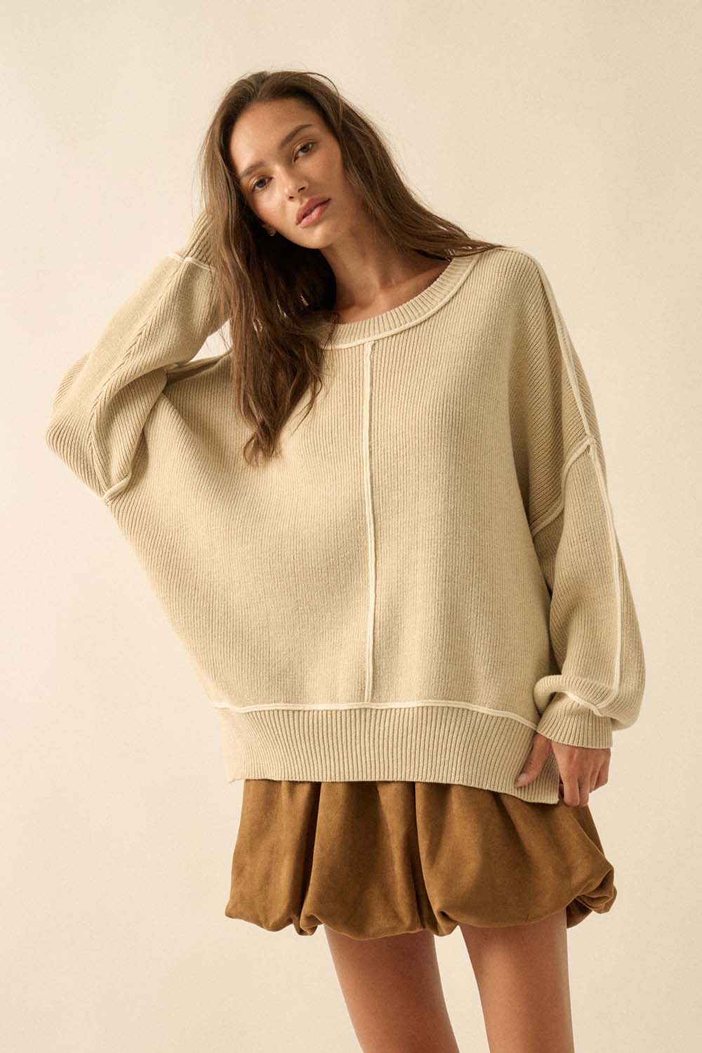 Ribbed Knit Oversized Sweater - Oatmeal