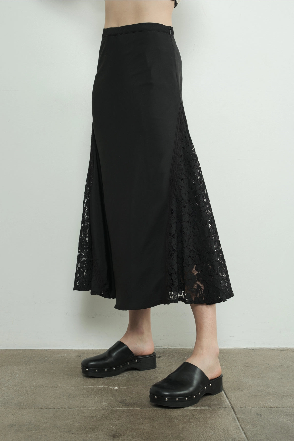 Satin Lace Midi Skirt - Black